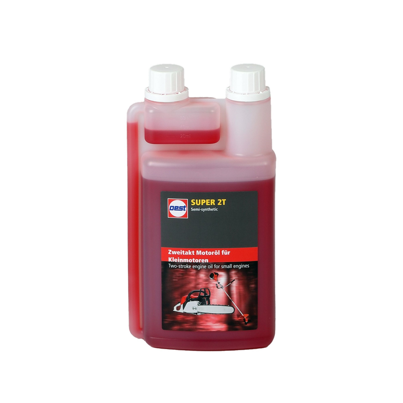 Oest Kettensägenöl Super 2T, 1 Liter Dosierflasche, Sägekettenöl, 2-Takt Motorenöl, Schmierstoff, Benzin-Öl, robust, langlebig, ideal für Motor