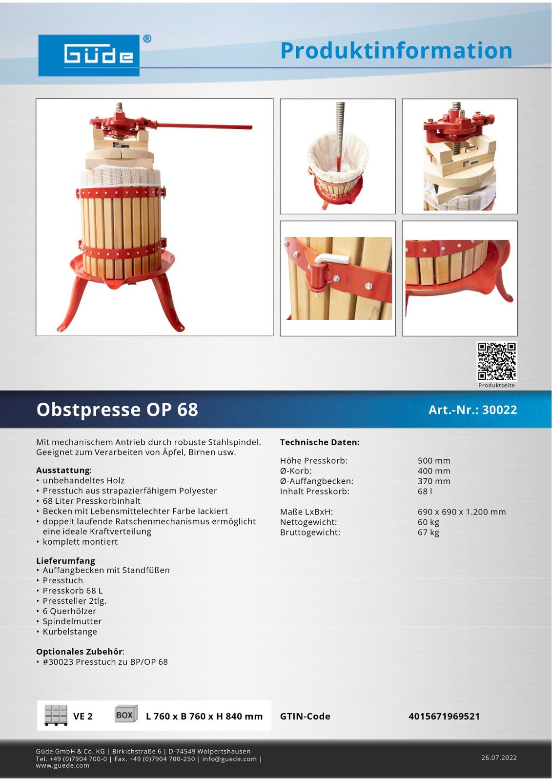 Guede Güde Obstpresse Obstmühle OP 68 68 Liter 69 x 69 x 120 cm aus Holz komplett montiert Beerenmühle Maischepresse Weinpresse Apfelpresse 30022