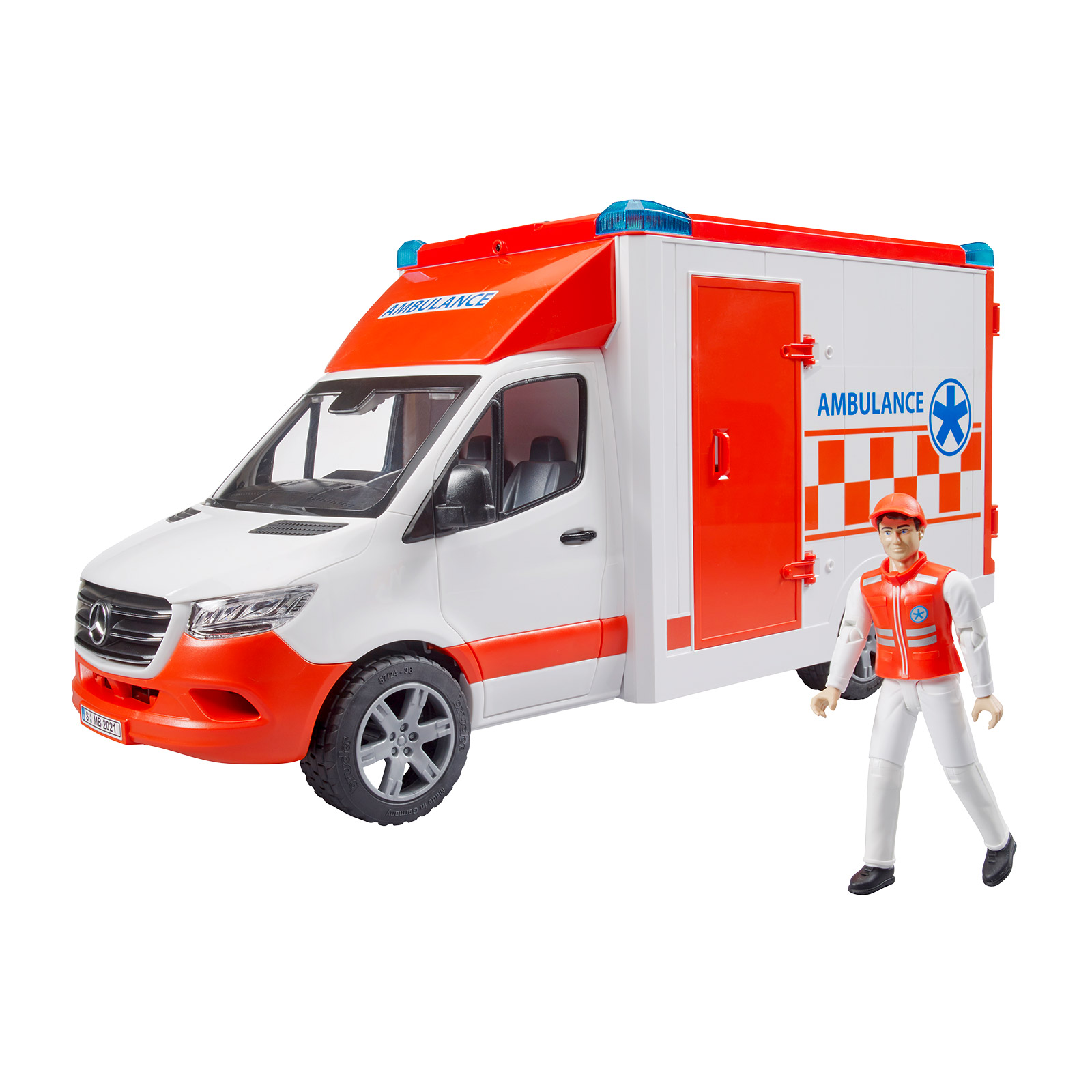 BRUDER MB Sprinter Ambulanz Spielzeug – Rettungswagen, Notarztwagen, Krankenwagen – mit Licht, Sound, Fahrerfigur – für Rollenspiel, Kinderzimm