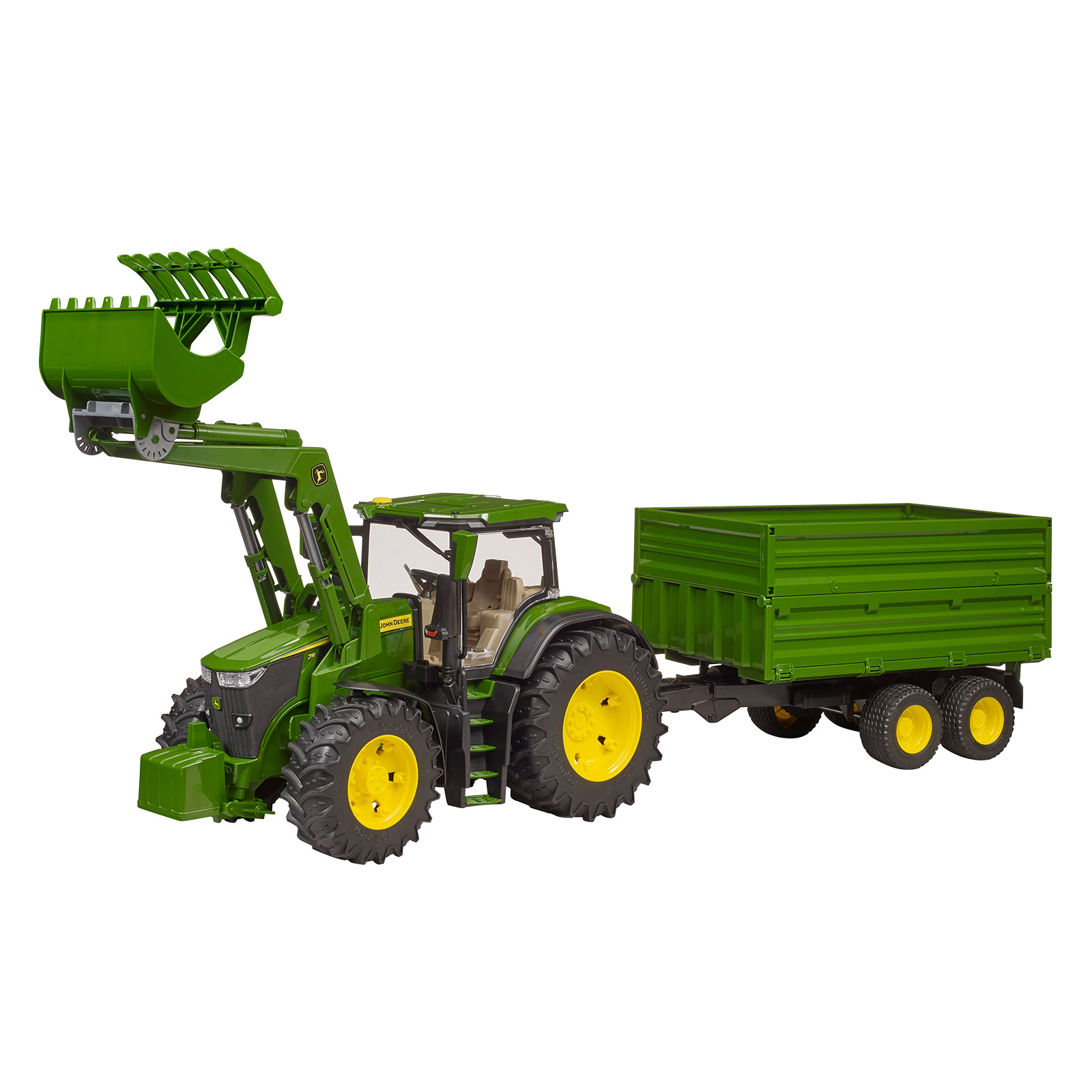 BRUDER John Deere Spielzeug Traktor, Schlepper, 7R 350, Frontlader, Anhänger, 03155