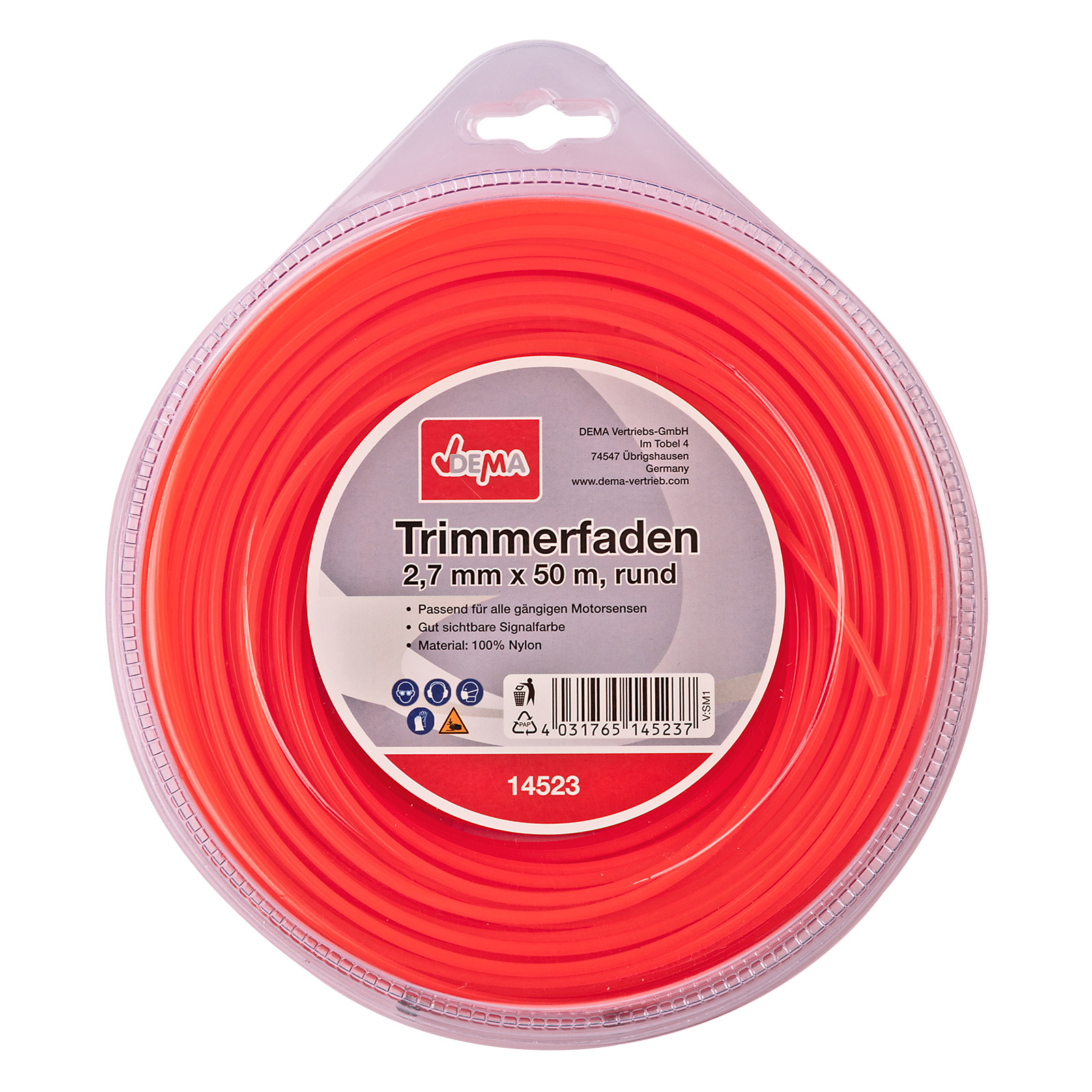 Motorsense, Freischneider, Mähfaden, Trimmerfaden, 2,7 mm x 50 m, rund, Nylon, Signalfarbe