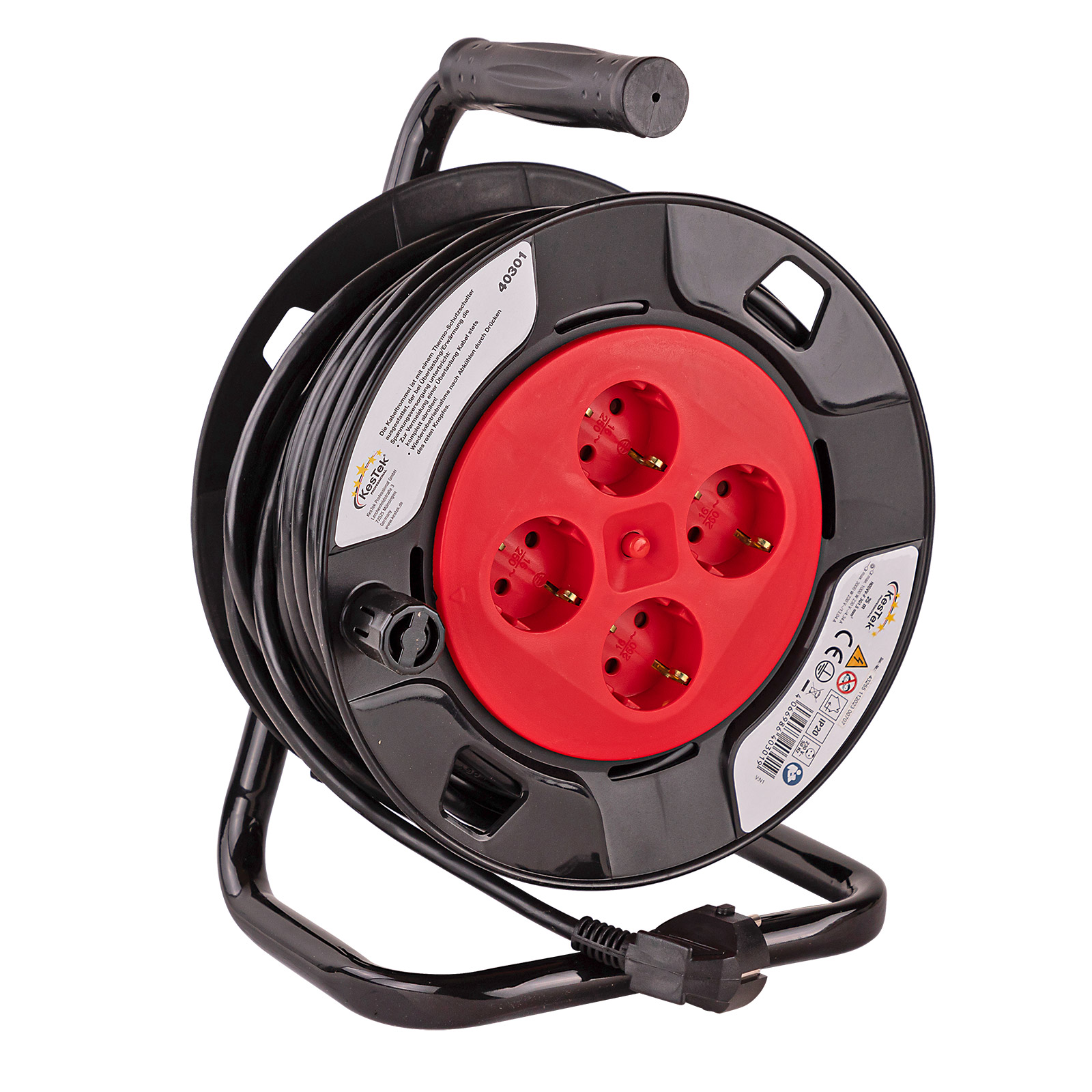 Kestek Kabeltrommel, Kabelrolle, 25m H05VV-F 3G1,5mm² – Verlängerungskabel mit 4-fach Steckdose, IP20, robust, ideal für den Innenbereich und Wer