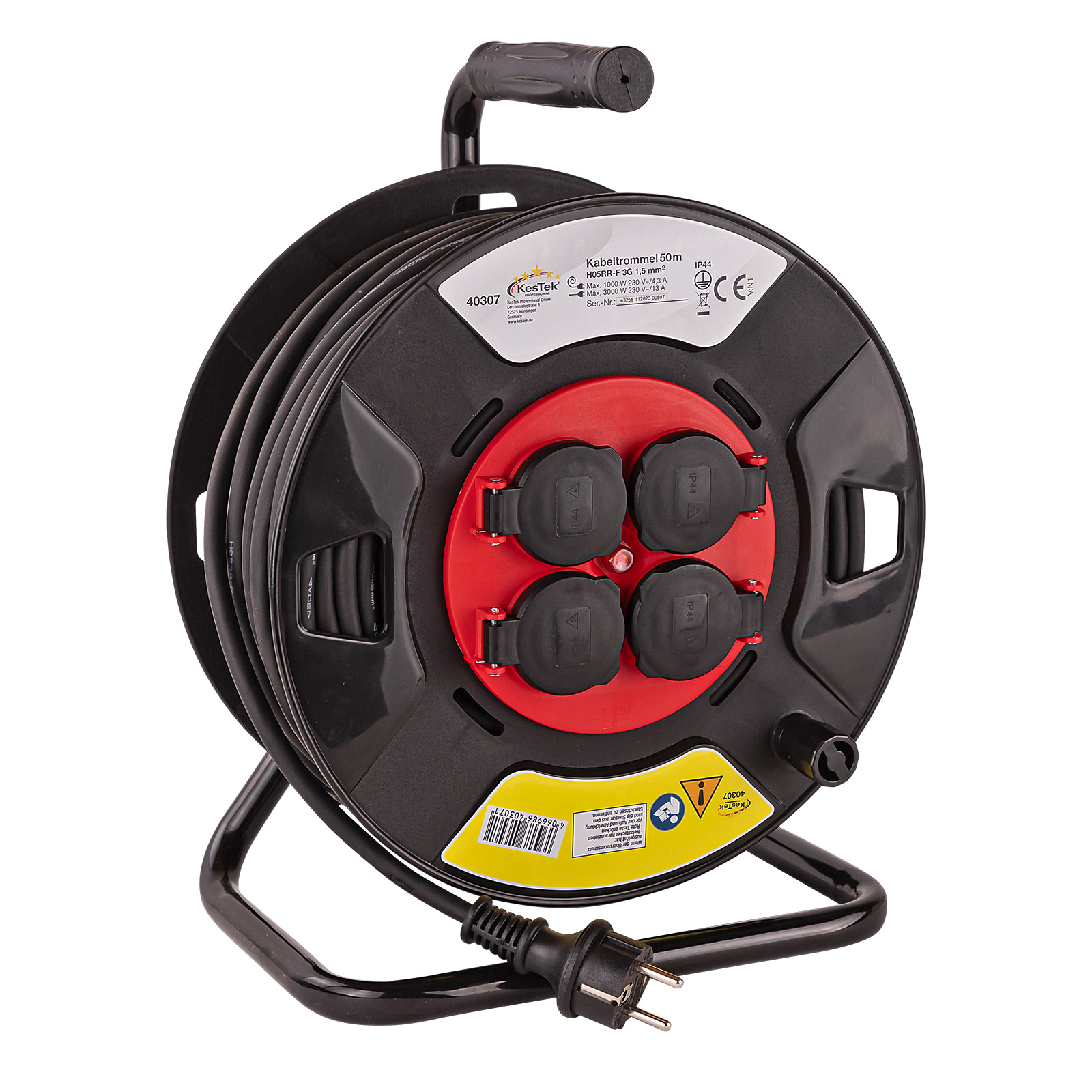 Kestek Kabelrolle, Außen Kabeltrommel, 50m H05RR-F 3G1,5mm² Verlängerungskabel mit 4 Steckdosen, IP44, robust, wetterfest, ideal für den Außenber