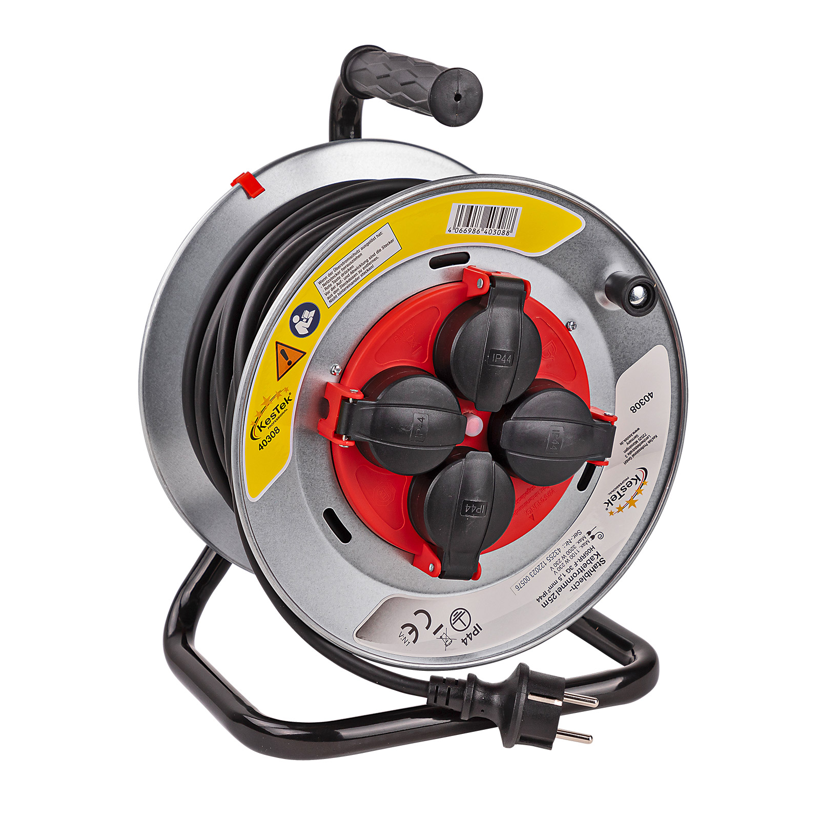 Kestek Stahlblech Kabeltrommel, 25m H05RR-F 3G1,5mm² Kabelrolle, Verlängerungskabel, Stromkabel, IP44, wetterfest, ideal für den Einsatz im Außenb