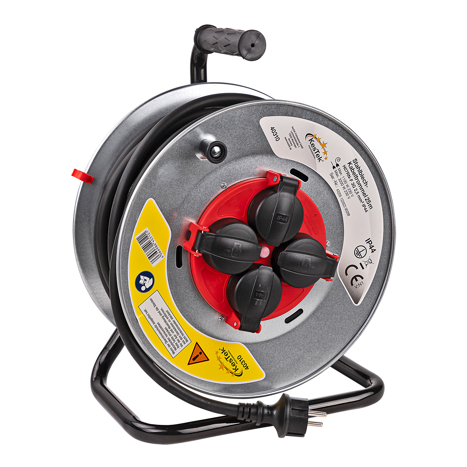 Kestek Stahlblech Kabeltrommel, 25m H07RN-F 3G2,5mm² – Kabelrolle, Verlängerungskabel, Stromkabel, IP44, robust, wetterfest, ideal für Außen- un