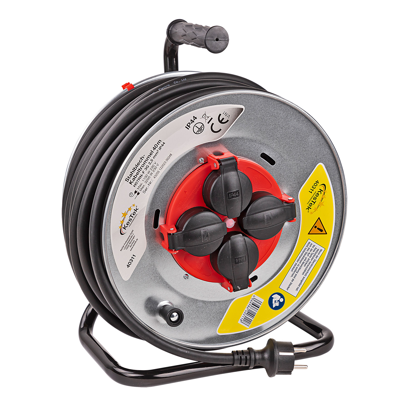 Kestek Stahlblech Kabeltrommel, 40m H07RN-F 3G2,5mm² Kabelrolle, Verlängerungskabel, Stromkabel, IP44, wetterfest, ideal für Außen- und Werkstatte
