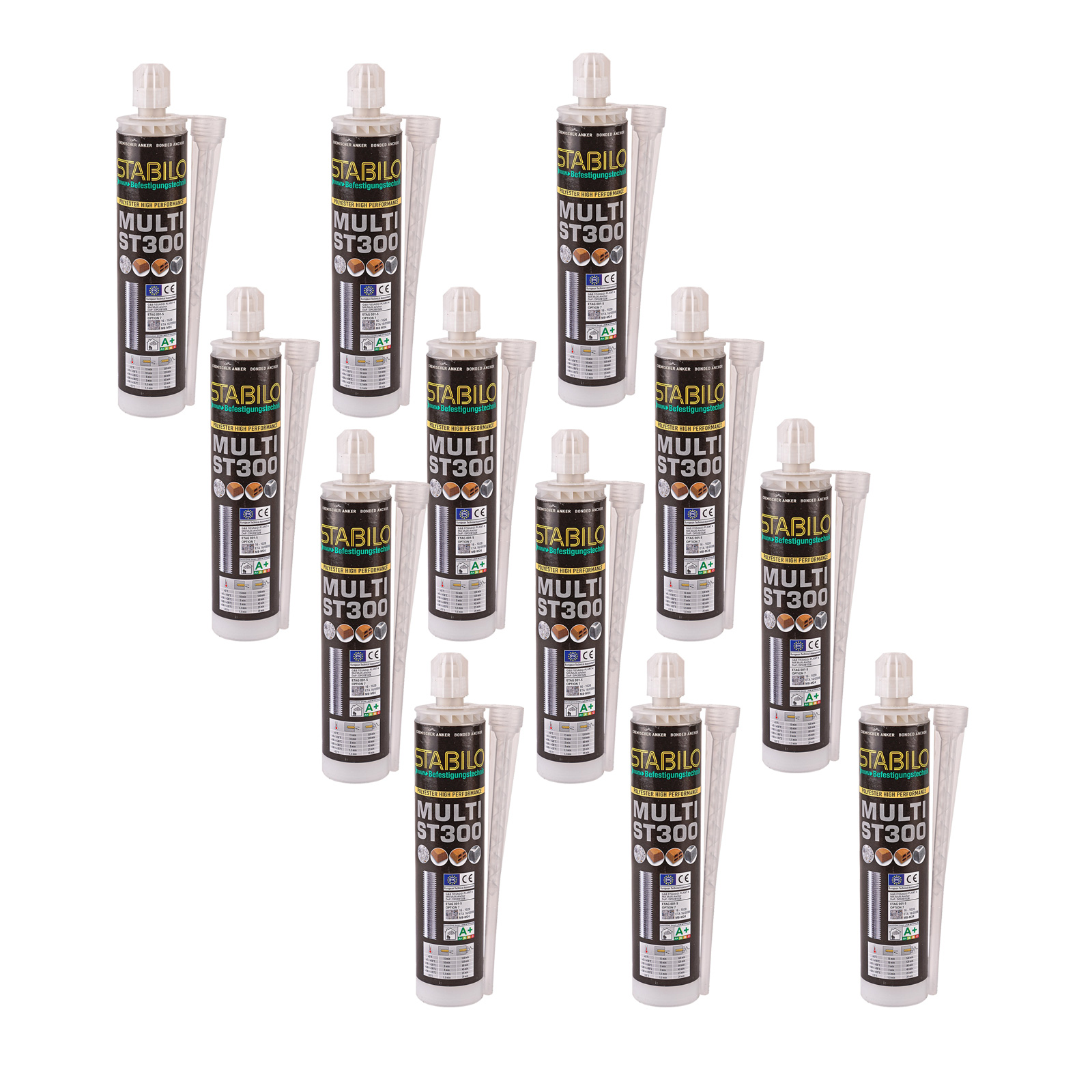12x Stabilo Verbundmörtel Multi ST300 300 ml, inkl. 6 Mischdüsen, Montagekleber, Befestigungsmörtel, für Beton, Ziegel, Porenbeton, robust, viel