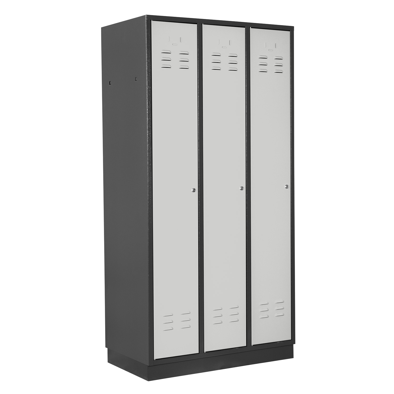 ADB Spind 3-türig, robust & funktional, Garderobenschrank mit Lüftungsschlitzen, abschließbar, Stahlblech, anthrazitgrau/lichtgrau, H 1775 x B 890