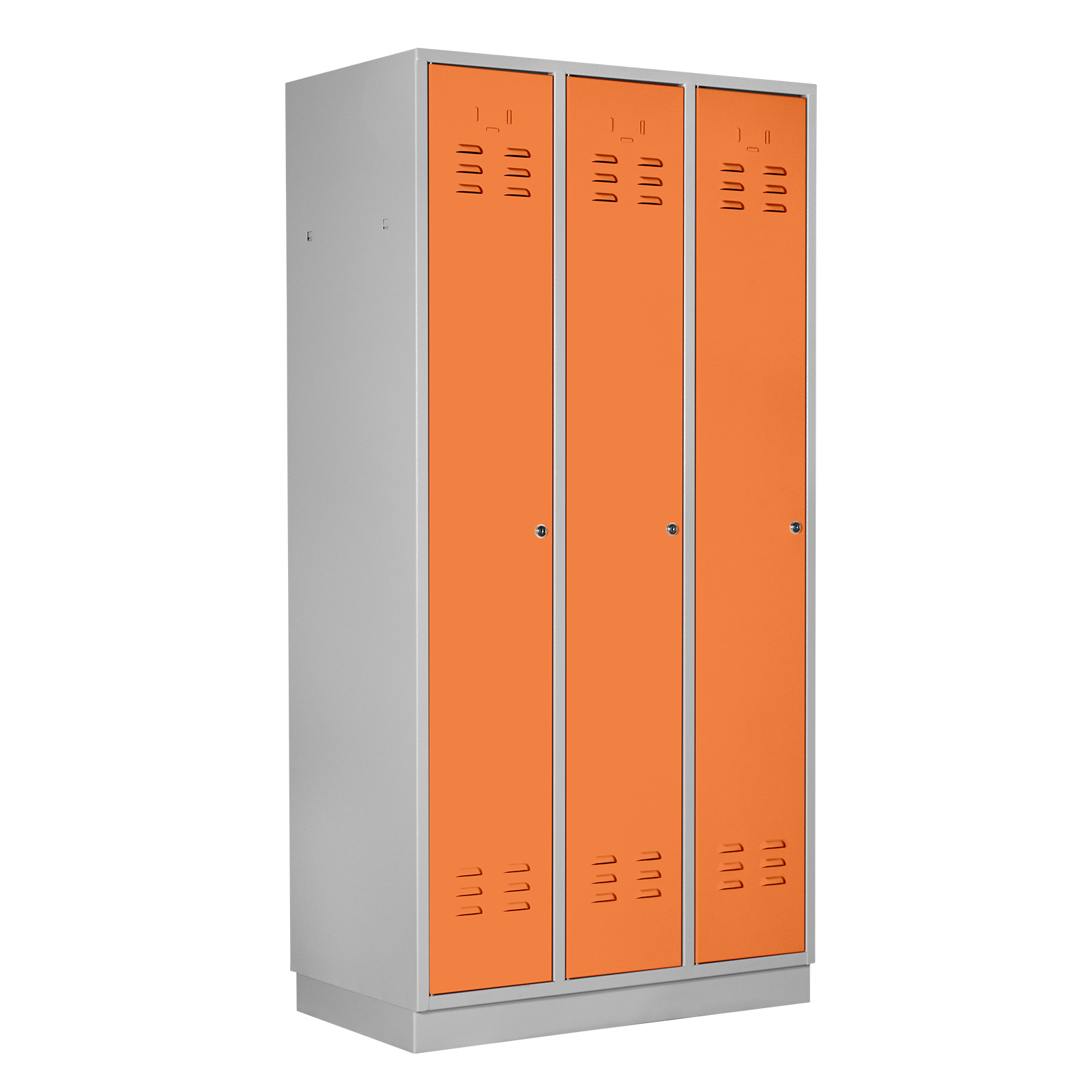 ADB Spind 3-türig, robust & funktional, Garderobenschrank mit Lüftungsschlitzen, abschließbar, Stahlblech, lichtgrau/orange, H 1775 x B 890 x T 500