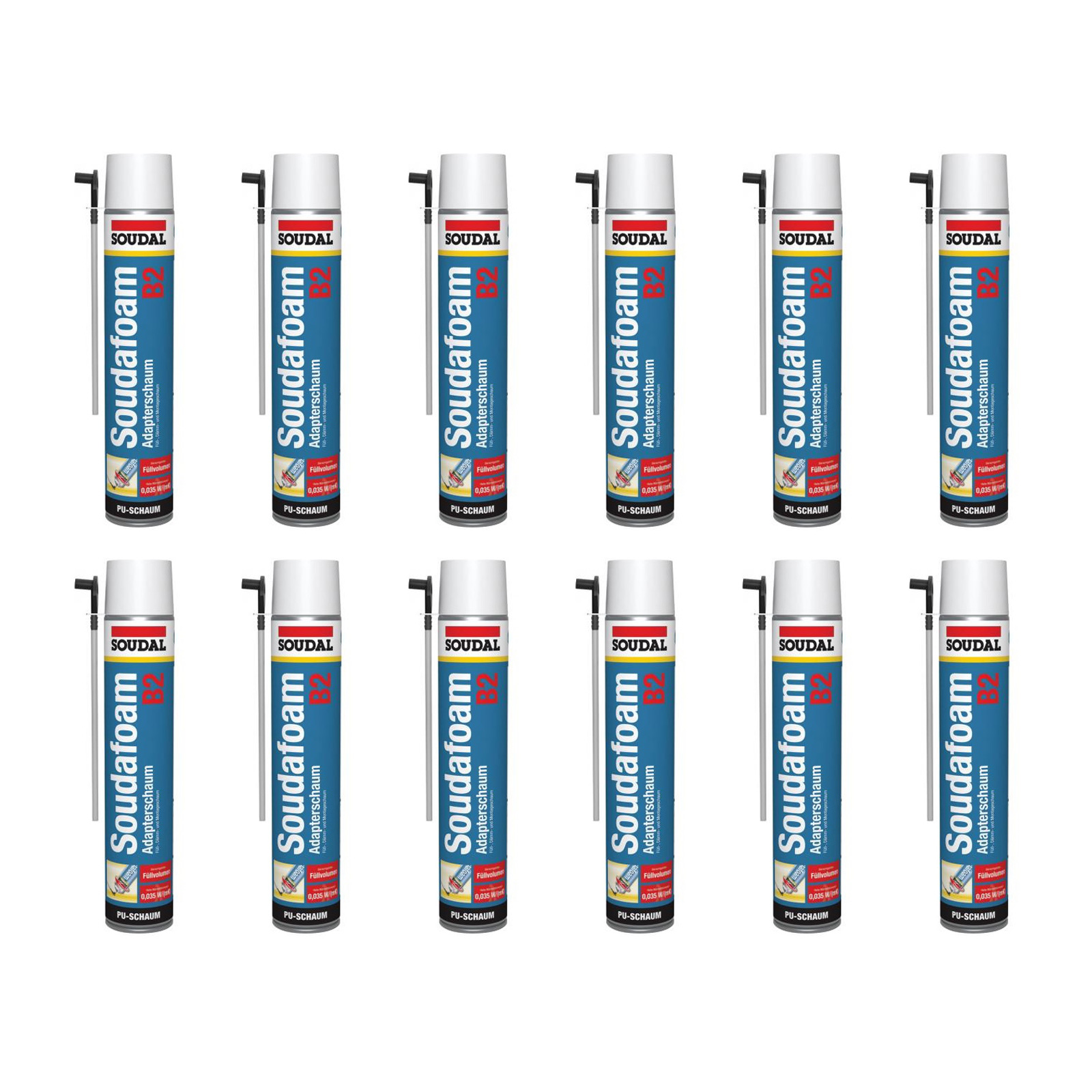 12x Soudal Soudafoam B2 750 ml, Montageschaum, Bauschaum, PU-Schaum, Adapterschaum, Dämmschaum mit Hahn, Profi-Schaumpistole, isolierend, langlebig