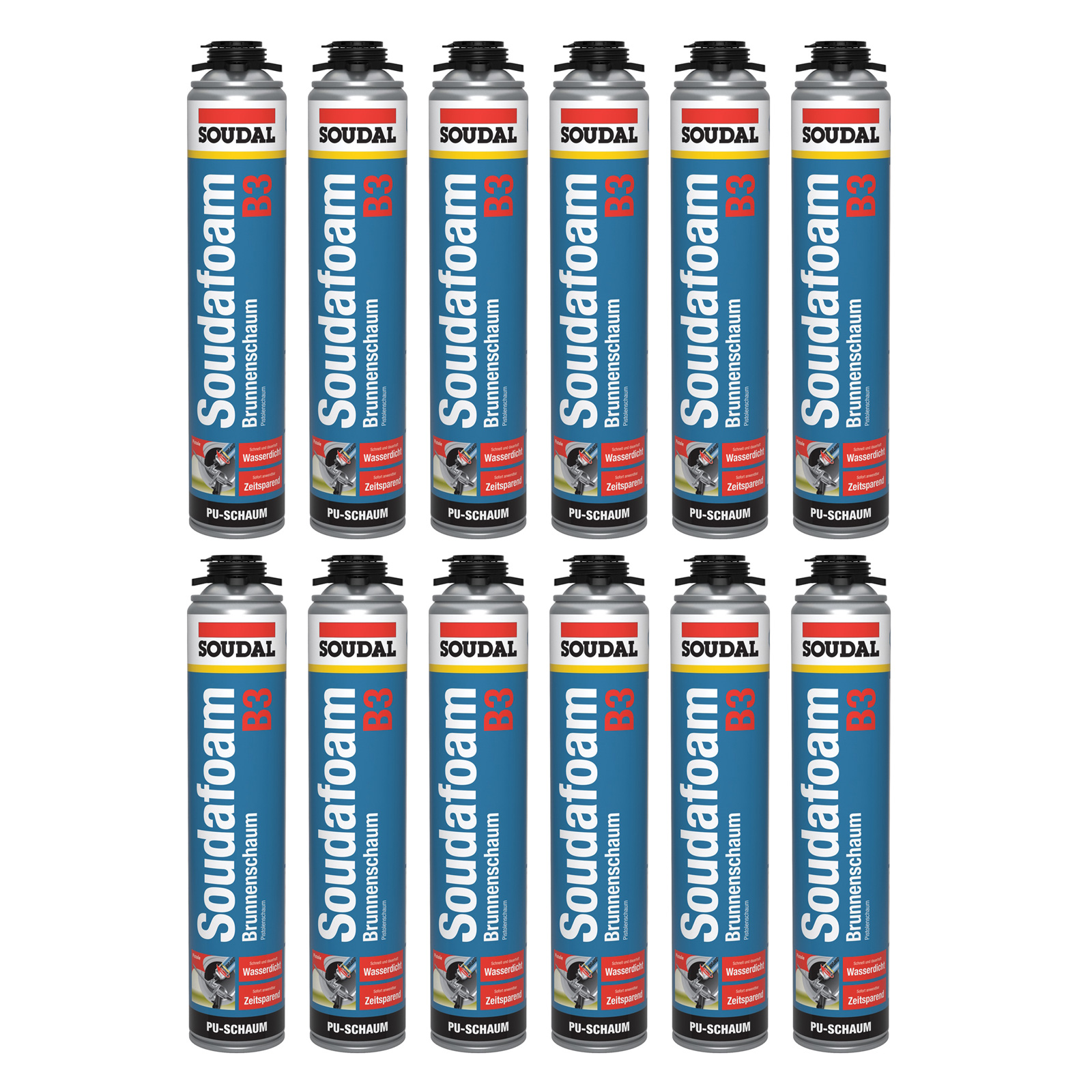12x Soudal Soudafoam Brunnenschaum B3 750 ml, PU-Schaum, Montageschaum, Bauschaum, Pistolenschaum, Profi-Schaumpistole, isolierend, langlebig, für