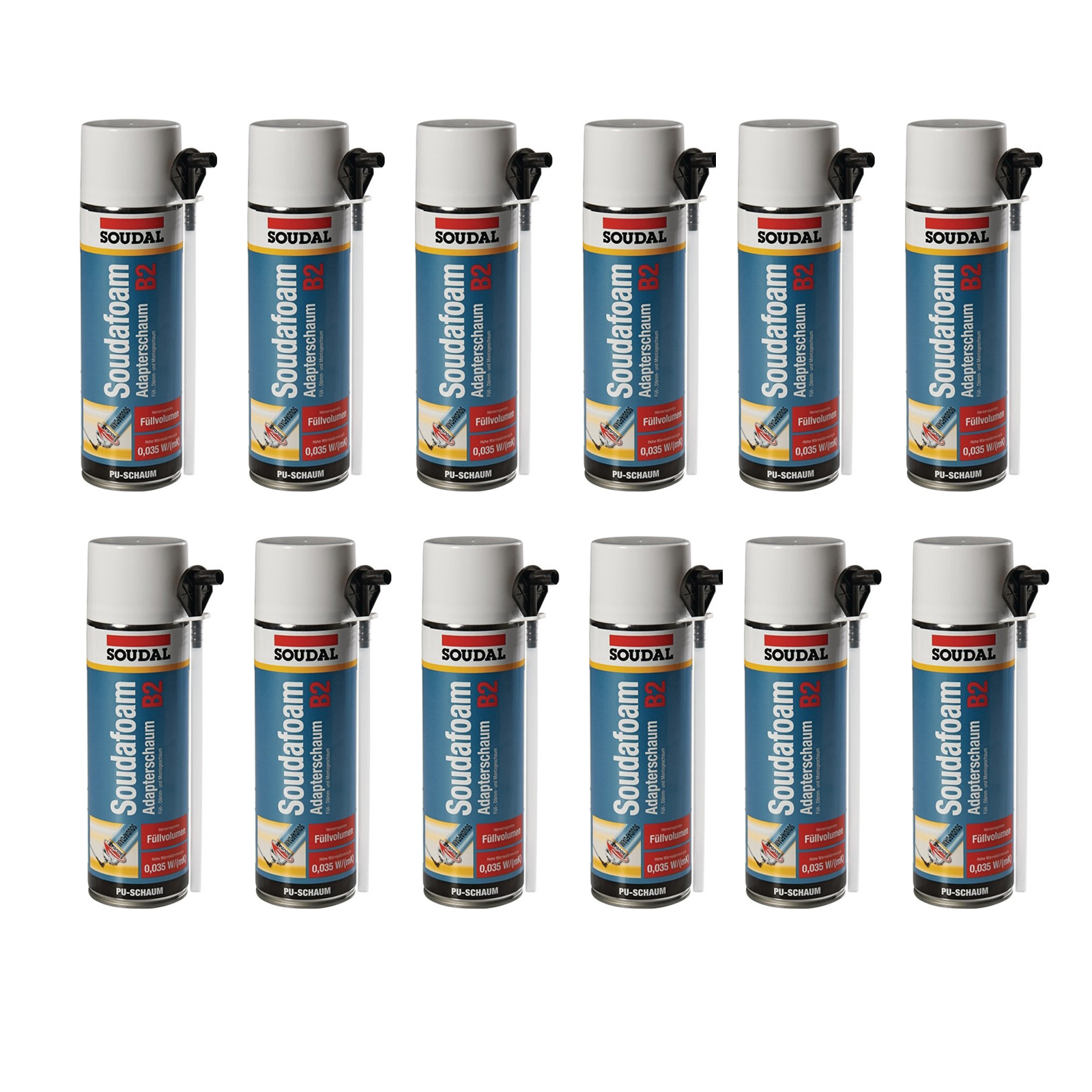 12x Soudal Soudafoam B2 500 ml, Montageschaum, Bauschaum, PU-Schaum, Adapterschaum, Dämmschaum mit Hahn, Profi-Schaumpistole, isolierend, langlebig