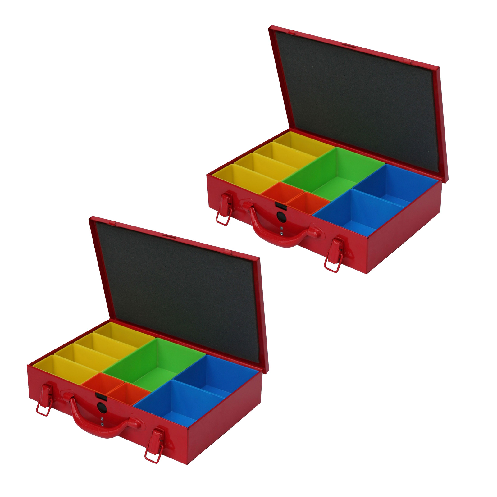 2x ADB Metall Sortimentskoffer, 9 PVC-Systemfächer, Sicherheitsdeckel, klappbarer Metallgriff, farbige Kunststoffeinsätze, Siebdruck Inhaltsangabe,