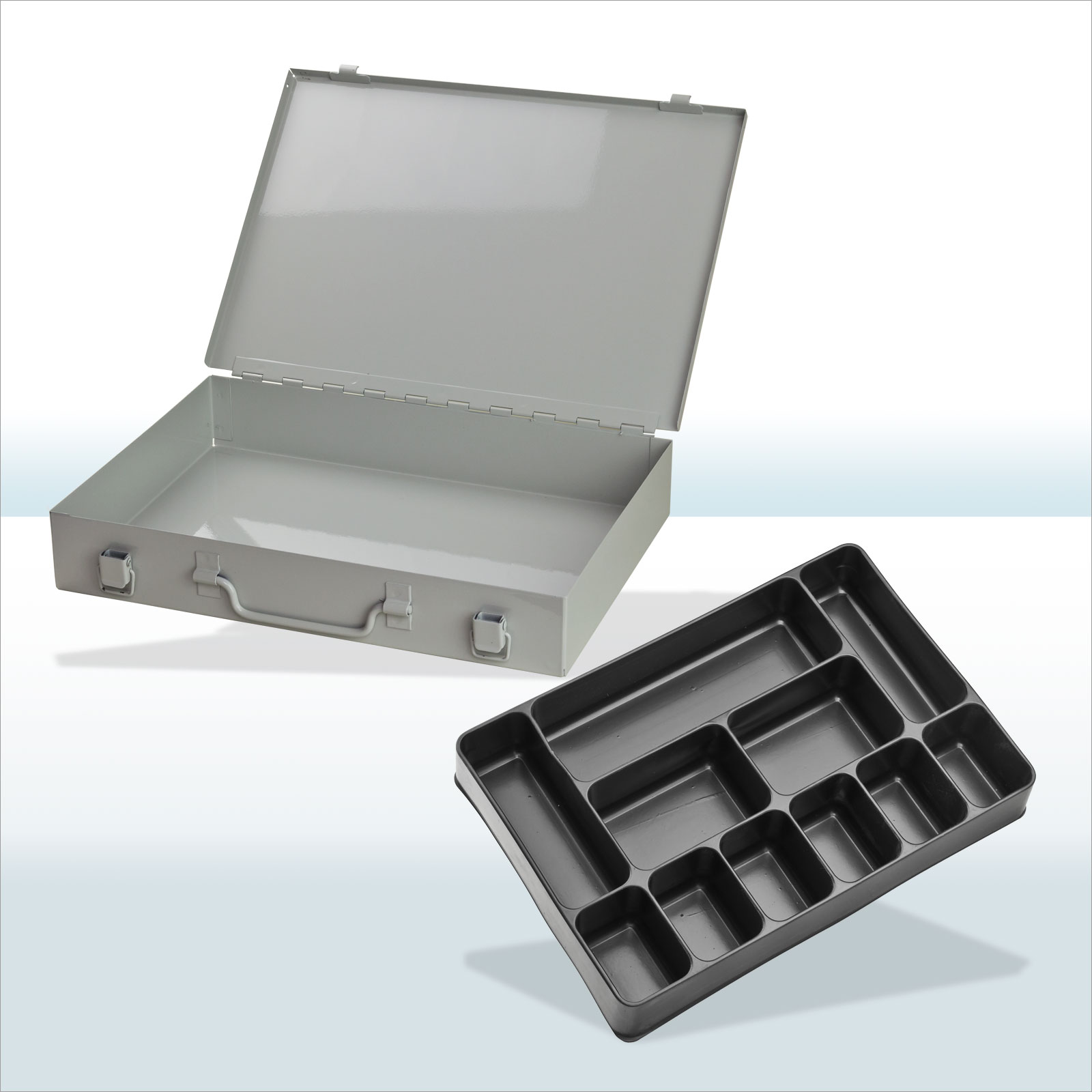 ADB Werkzeugkofferset 11-fach Einteiler grau, Metall Sortimentskasten, robust, pulverbeschichtet, kratzfest, für Garage, Werkstatt, Hobbyraum