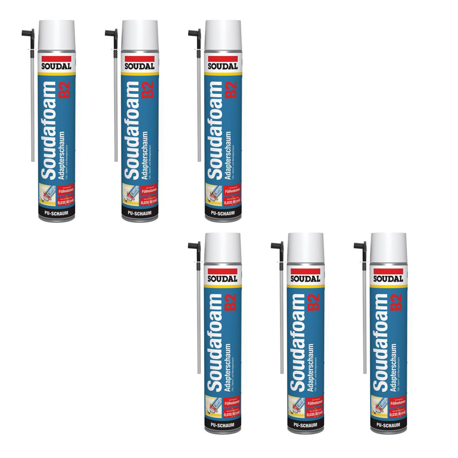 6x Soudal Soudafoam B2 750 ml, Montageschaum, Adapterschaum, Bauschaum, Dämmschaum, mit Hahn, schnell härtend, vielseitig, für Türen, Fenster, I