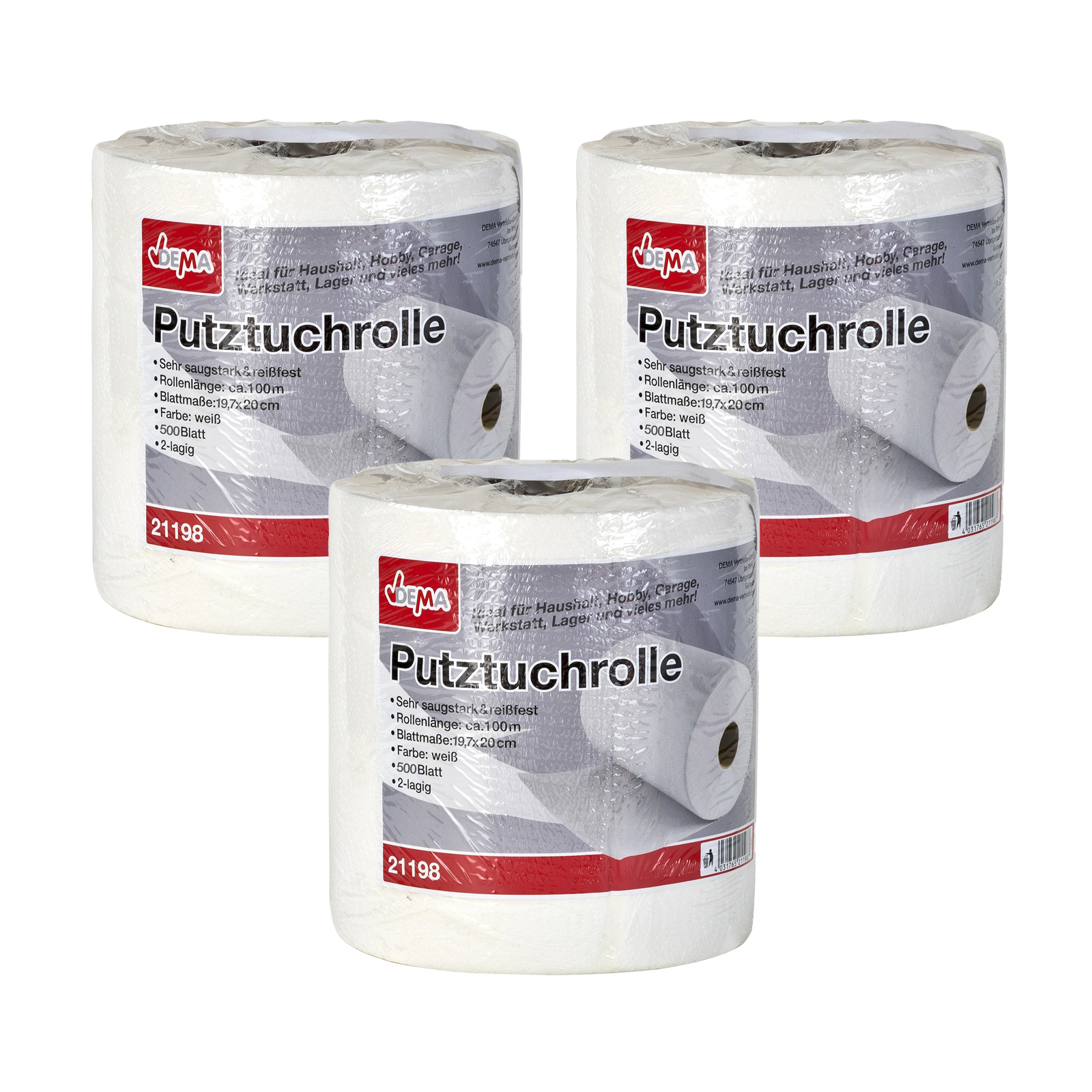 3x Putztuchrolle XXL 100 m (500 Blatt) Putzrolle, Putzpapier, Papiertuch weiß, saugfähig, reißfest Werkstatt, Haushalt, Garage, Reinigung, Indust