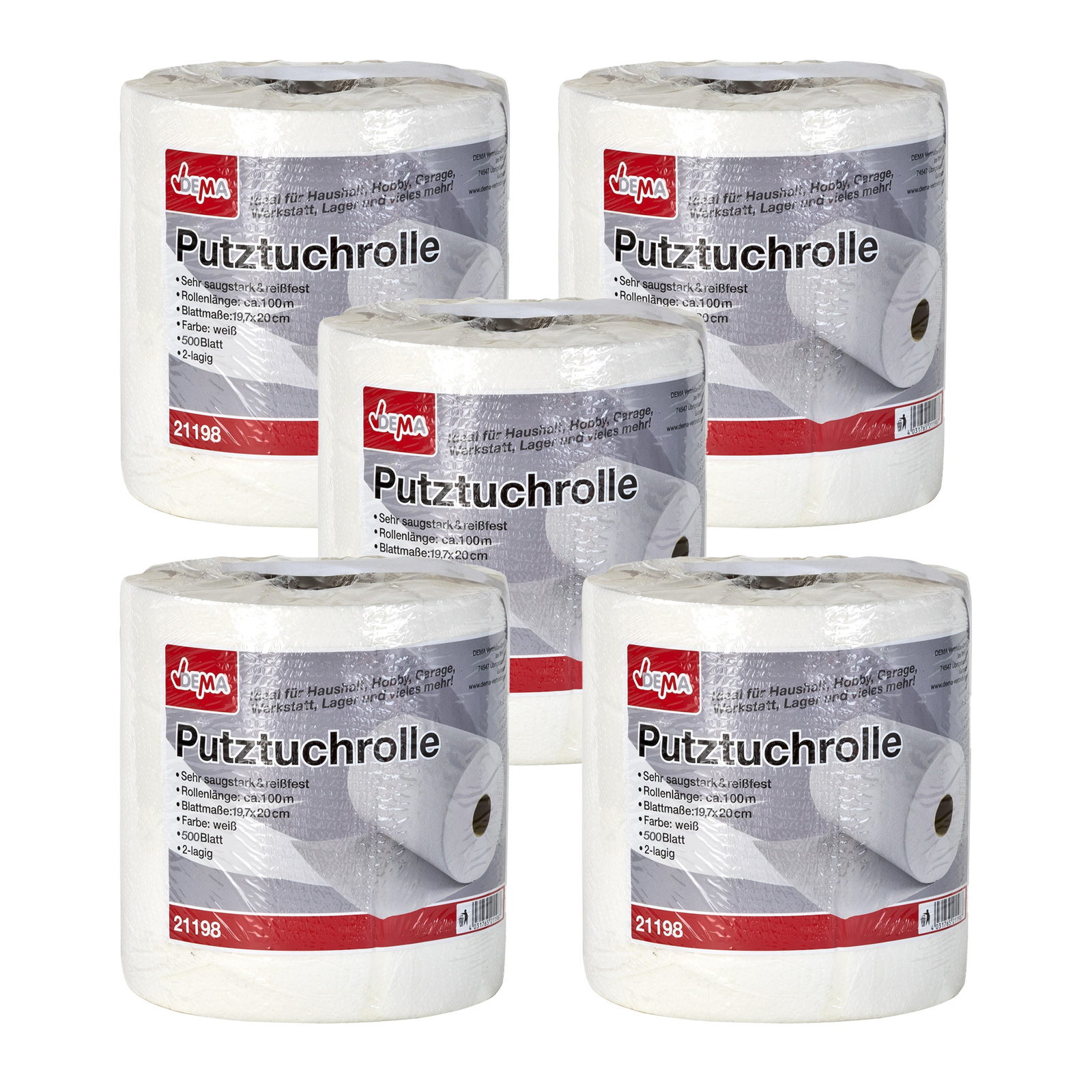 5x Putztuchrolle XXL 100 m (500 Blatt) Putzrolle, Putzpapier, Papiertuch weiß, saugfähig, reißfest Werkstatt, Haushalt, Garage, Reinigung, Indust