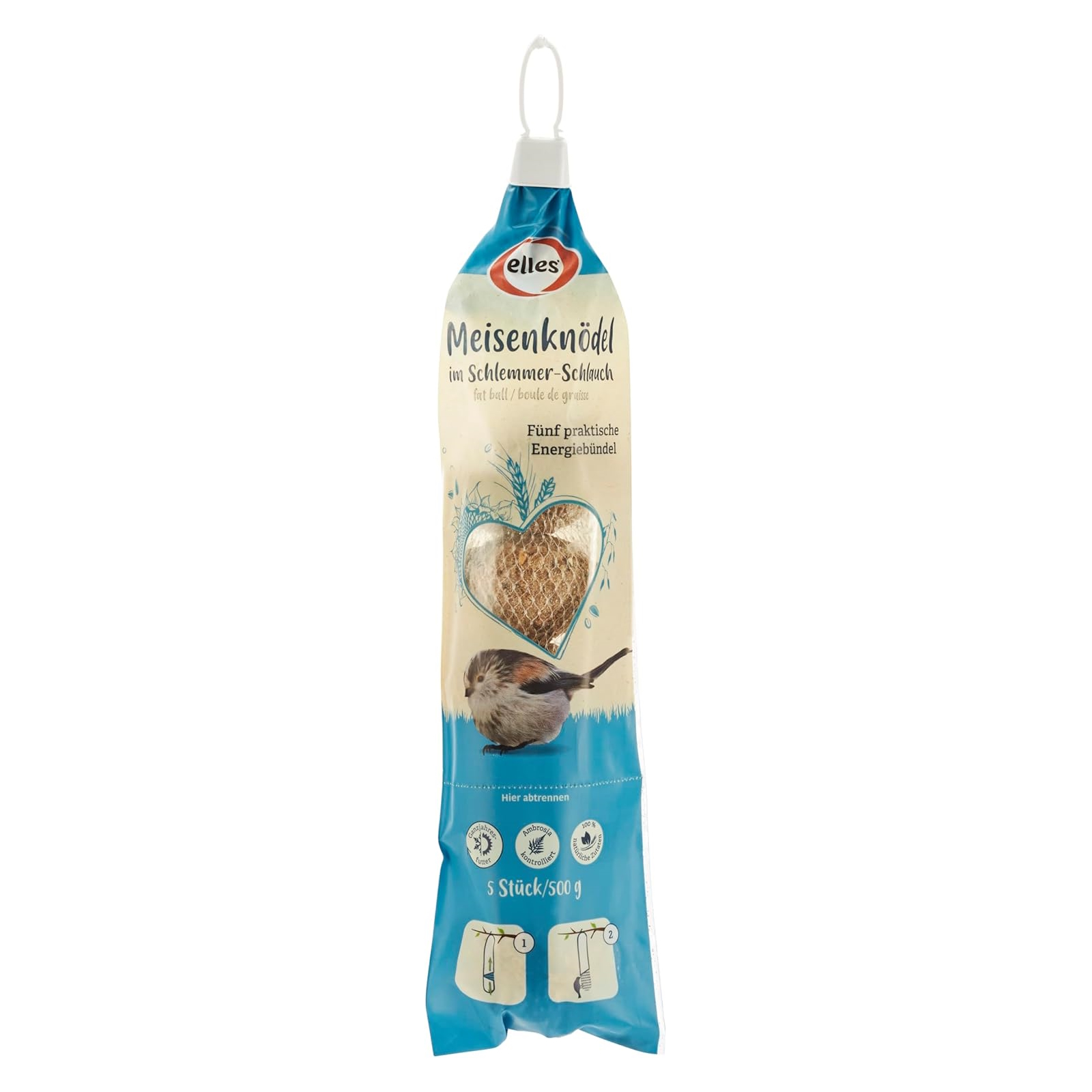 Elles Meisenknödel im Schlemmer-Schlauch 500 g, 100 % natürlich, Ambrosia-kontrolliert, ganzjährig geeignet, 5 Stk., Vogelfutter, Energiebün