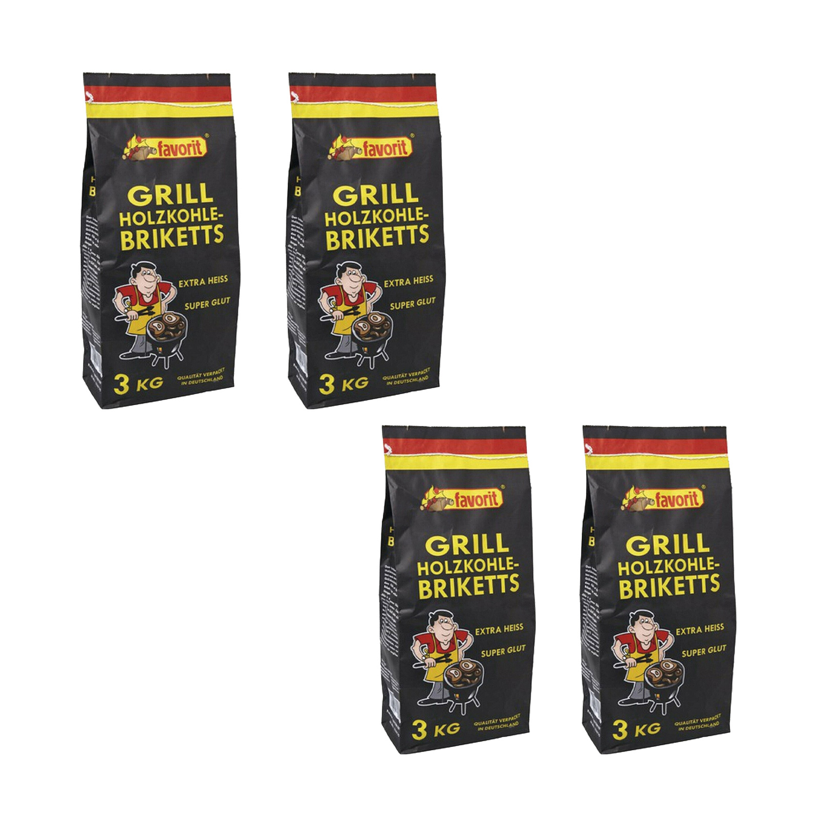 4x Favorit Grillbriketts 3 kg Holzkohlebriketts, Briketts, Grillkohle, gepresst aus Holzkohlenstaub, schnell zündend, langanhaltend, ideal für Gri