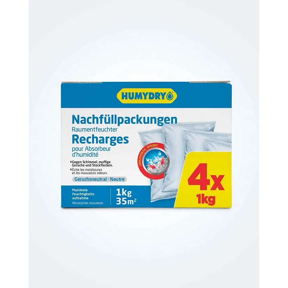 Humydry Nachfüllpackungen 4x1 kg, Refill-Pack, Auffüllpackung für Luftentfeuchter, Raumentfeuchter, Lufttrockner, Feuchtigkeitsabsorber, kompakt,