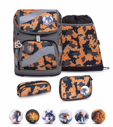 BELMIL Schulranzen Set Smarty Orange Camouflage inkl. Patch Set 6 Stück