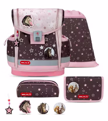 Belmil Classy Plus ergonomisches Schulranzen-Set 5-teilig "Champion Horses" mit Brustgurt, Magnetverschluss, Patch Set 3 Stück