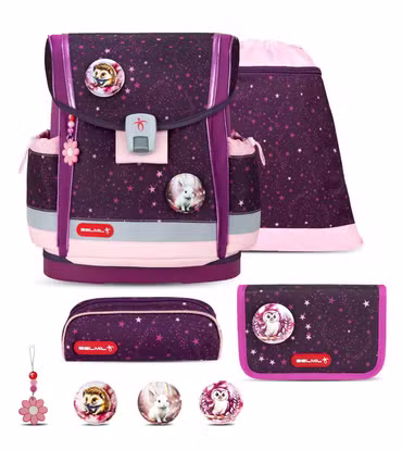 Belmil Classy Plus ergonomisches Schulranzen-Set 5-teilig "Magical Stars" mit Brustgurt, Magnetverschluss, Patch Set 3 Stück