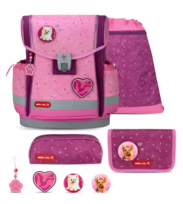 Belmil Classy Plus ergonomisches Schulranzen-Set 5-teilig "Rosie Hearts" mit Brustgurt, Magnetverschluss, Patch Set 3 Stück