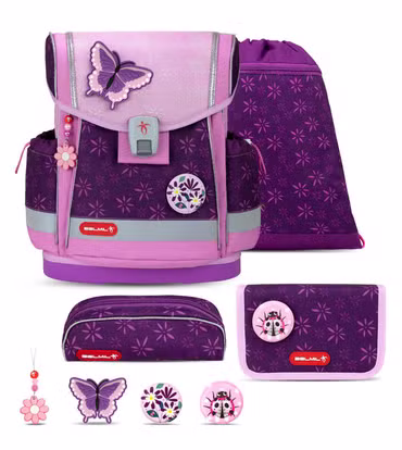 Belmil Classy Plus ergonomisches Schulranzen-Set 5-teilig "Purple Spring" mit Brustgurt, Magnetverschluss, Patch Set 3 Stück