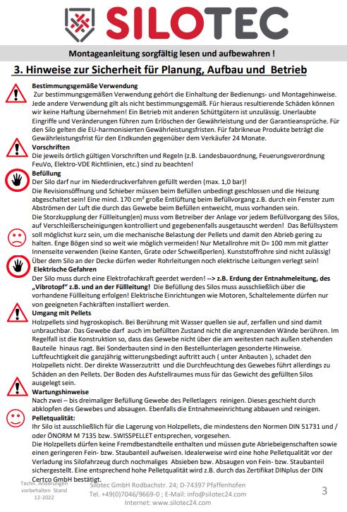 Hinweise zur Sicherheit für Planung der Silotec-Silos