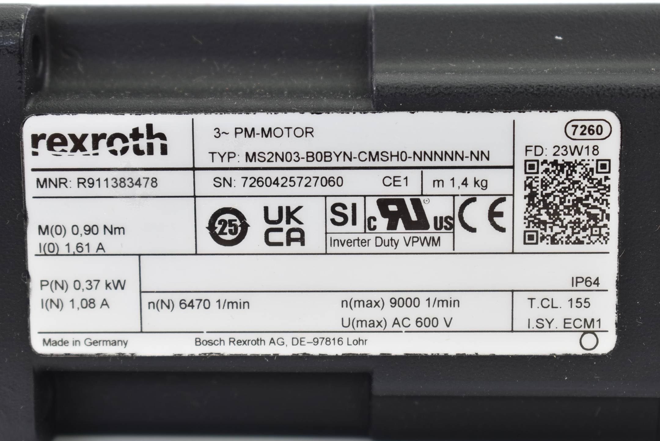 Rexroth Servomotor 0,37kW 9000U/min MS2N03-B0BYN-CMSH0-NNNNN-NN