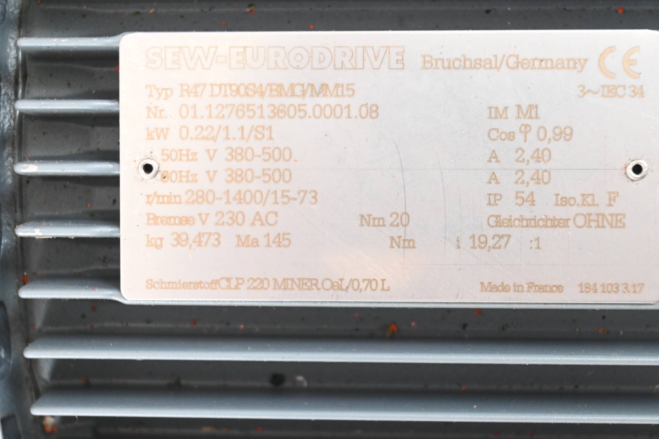 SEW-Eurodrive 3~ Getriebemotor RF47 DT90S4/BMG/MM15