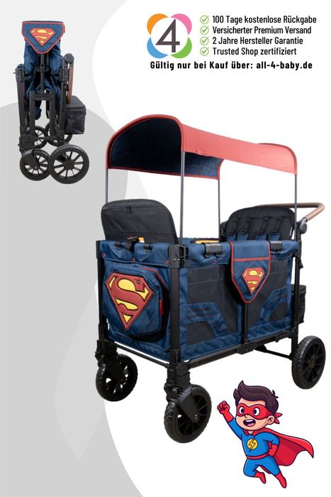 Wonderfold W4 Luxe Pro Kinderwagen für 4 Kinder / Bollerwagen Superman Edition
