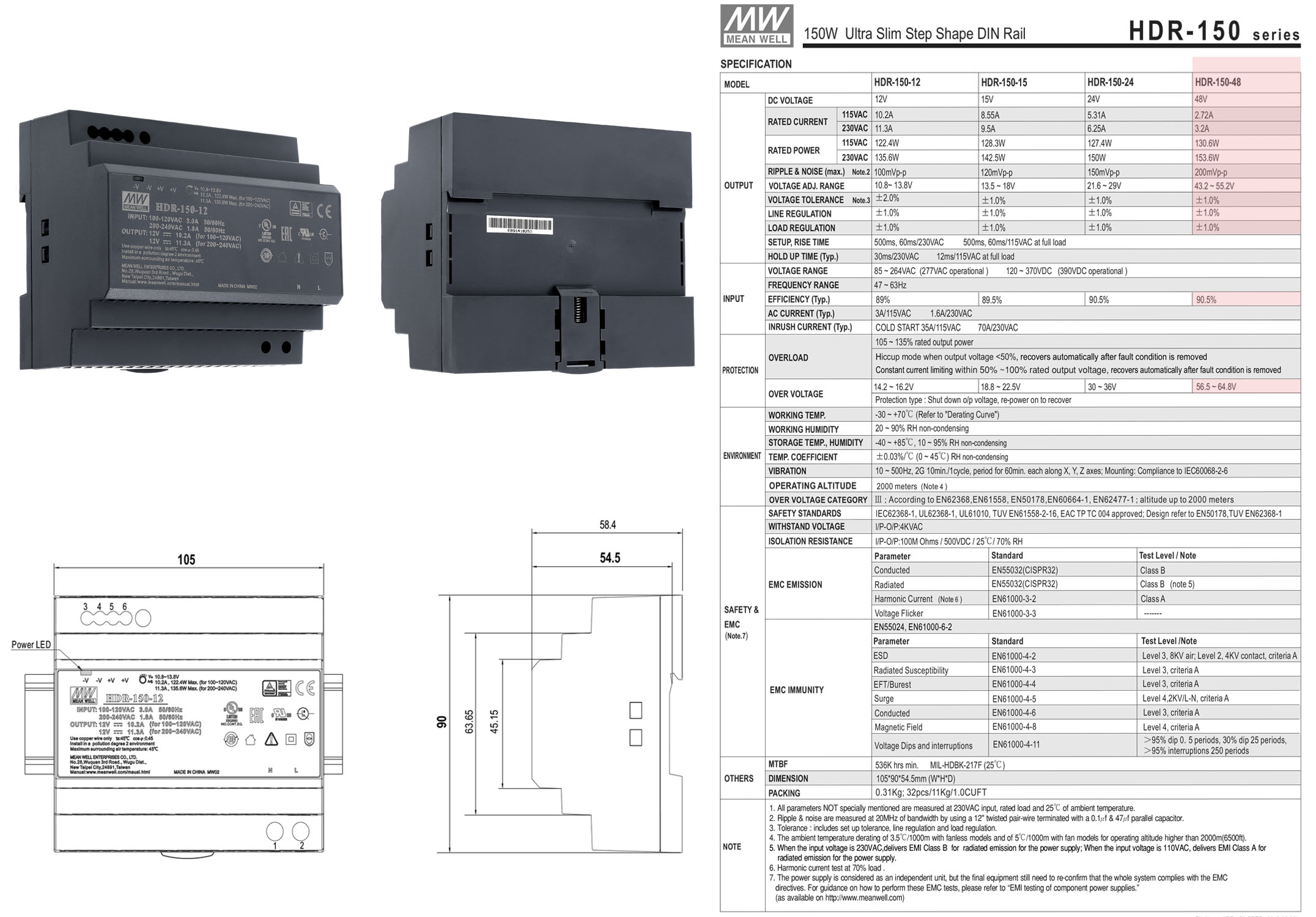 Schaltnetzteil 48V 3,2A 153,6W für DIN-Schiene HDR-150-48 von Meanwell