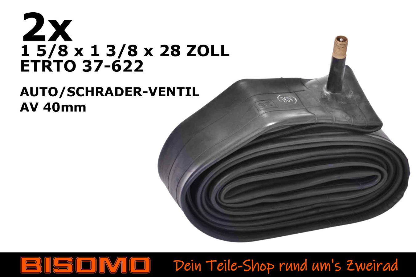 Paket] Fahrradschlauch 28 Zoll, 1 5/8 x 1 3/8 x 28 Zoll, 37-622,  formgeheizt, Schrader Ventil, Autoventil AV40, City Bike, Trekking, MTB |  Bisomo.de