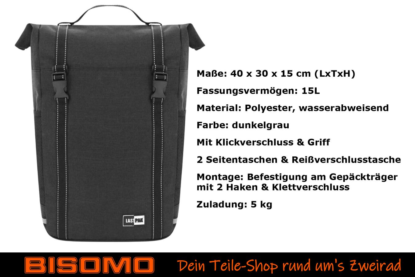 Fahrradtasche 15L Single Bag, Seitentasche Fahrrad E-Bike, Befestigung am  Gepcktrger 40 x 30 x 15cm (HxBxT) dunkelgrau, wasserabweisend | Bisomo.de