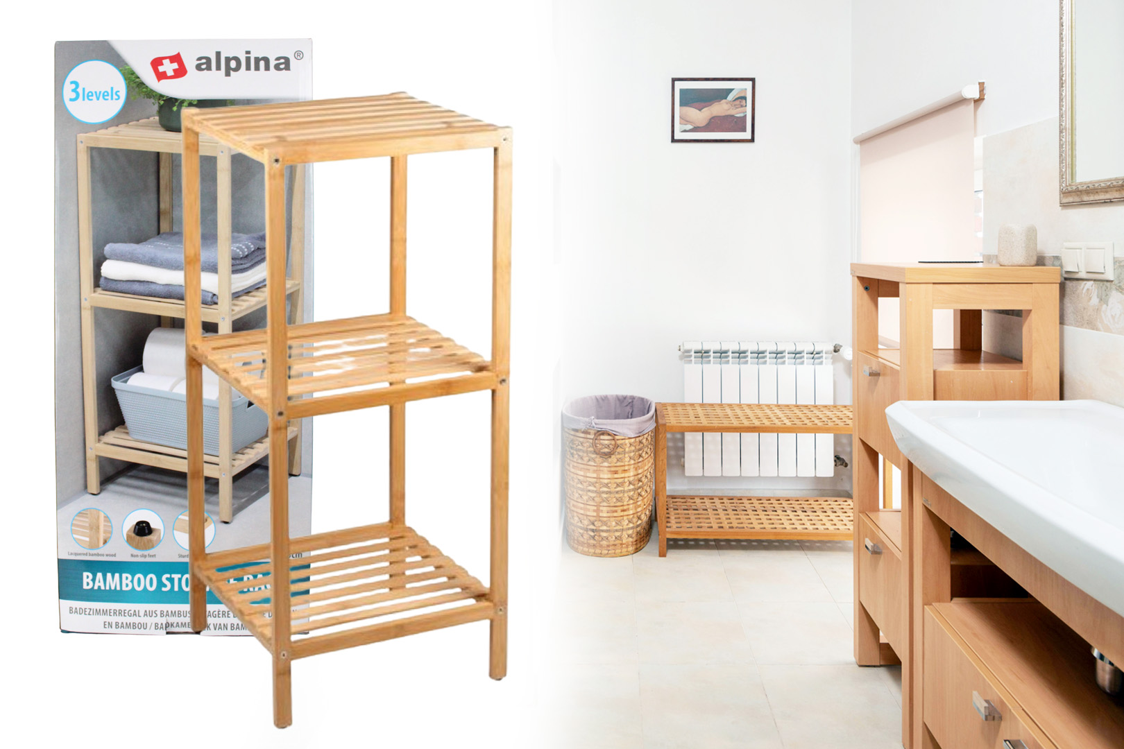 Bambusregal, Badezimmerregal, 3 Etagen, 33 x 32 x 77,5cm, Bad Regal  lackierter Bambus, mit 6kg belastbar | Bisomo.de