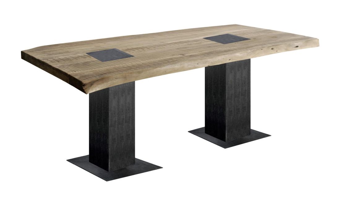 Wolf Möbel GURU Live edge Tisch Iron BLOCK legs 180x90 Platte 55mm