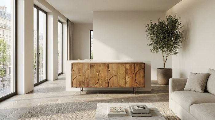 GAUDI Kommode 175 cm Massivholz Mango – Sideboard mit 4 Türen und exklusivem Kreisdesign GAUDI Kommode 175 cm Massivholz Mango – Sideboard mit 4 Türen und exklusivem Kreisdesign