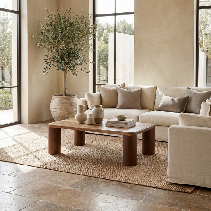 GAUDI Couchtisch 118x60 cm Massivholz Mango – Handgefertigter Wohnzimmertisch mit markanten Rundbeinen GAUDI Couchtisch 118x60 cm Massivholz Mango – Handgefertigter Wohnzimmertisch mit markanten Rundbeinen