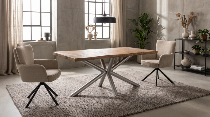 Esstisch Baumkante Mangoholz 220x100 cm, Tischfuß Memphis round silber Esstisch Baumkante Mangoholz 220x100 cm, Tischfuß Memphis round silber