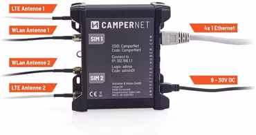 The CamperNet LTE/WLAN MiMo router with LTE & Wlan MiMo antenna for mobile Internet in vehicles (12V or 230V)