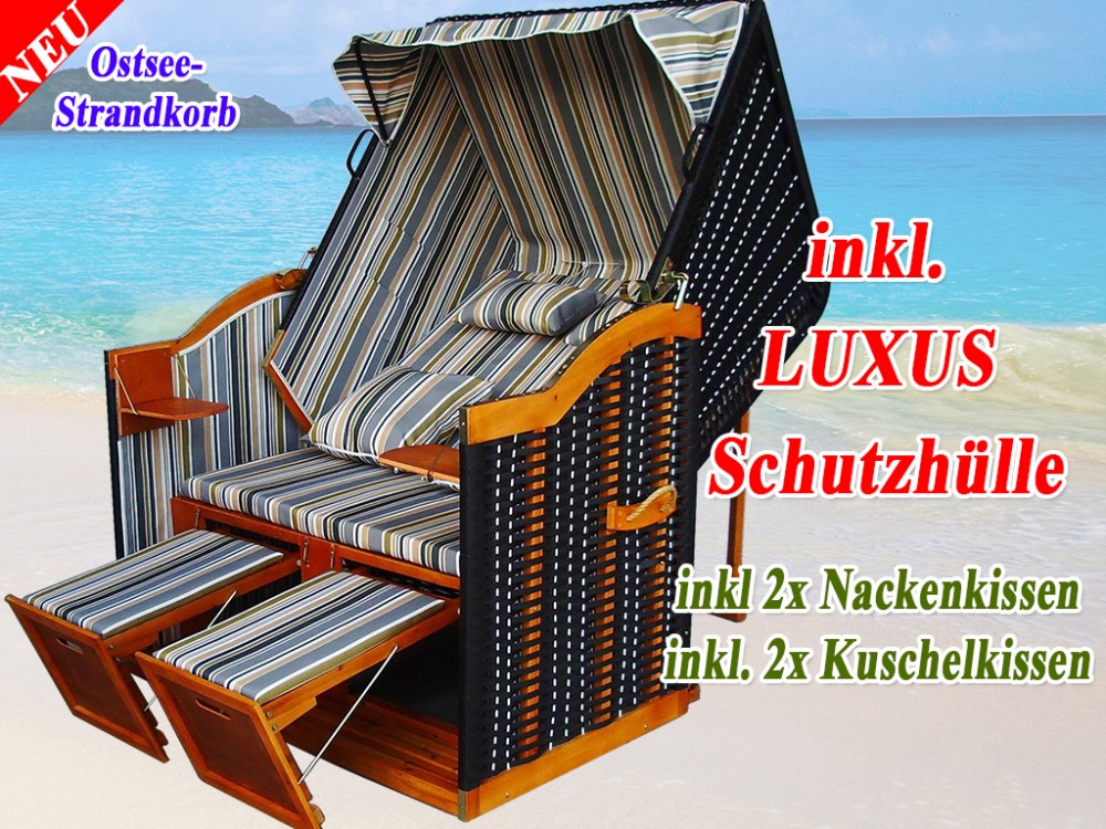 Ostsee Strandkorb 2-Sitzer Grün Nadelstreifen Geflecht Braun 120cm breit Kiefer