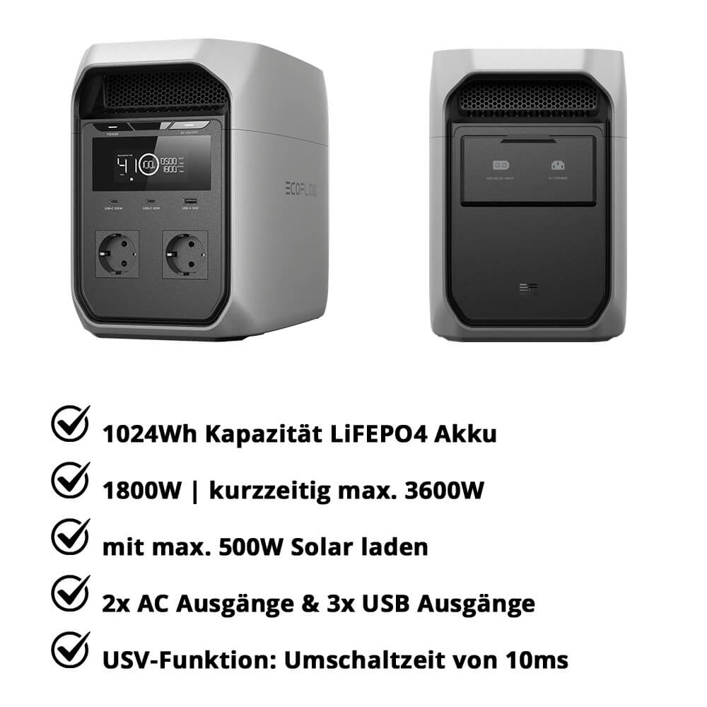 EcoFlow DELTA 3 Classic LiFePo4 Power Station 1,024Wh | EF-DL3-C | 1,800W  output power | FraRon.de | FraRon electronic | Shop online now