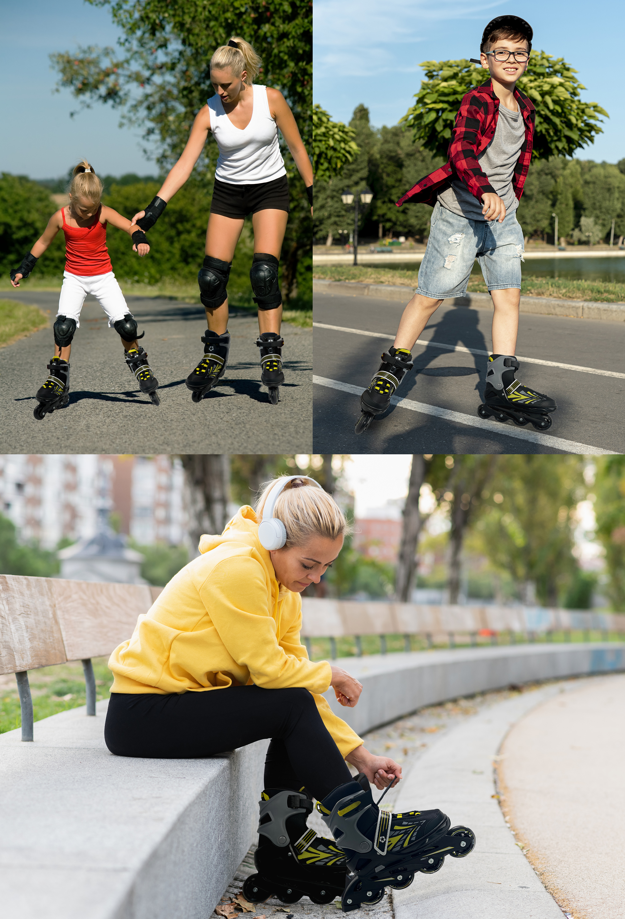 Inliner Skate Soft-Boot Kinder Jugend Damen Größenverstellung 5 Größen  verstellbar Stripes Gelb | L.A. Sports Markenwelt