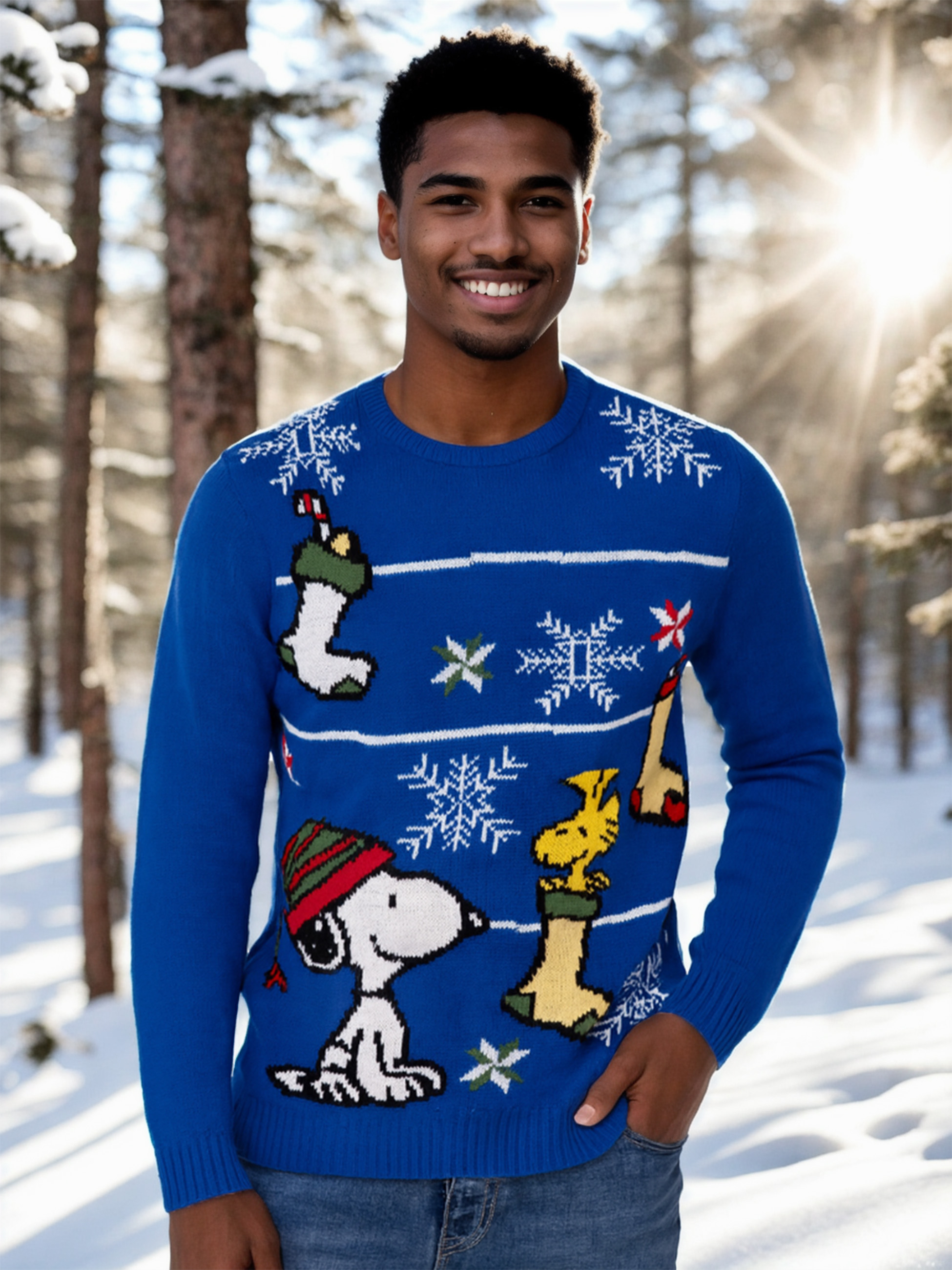 The Peanuts Winterpullover Unisex Snoopy Winter Strick Pullover  Sweatshirt Ugly Sweater für Herren Damen Blau