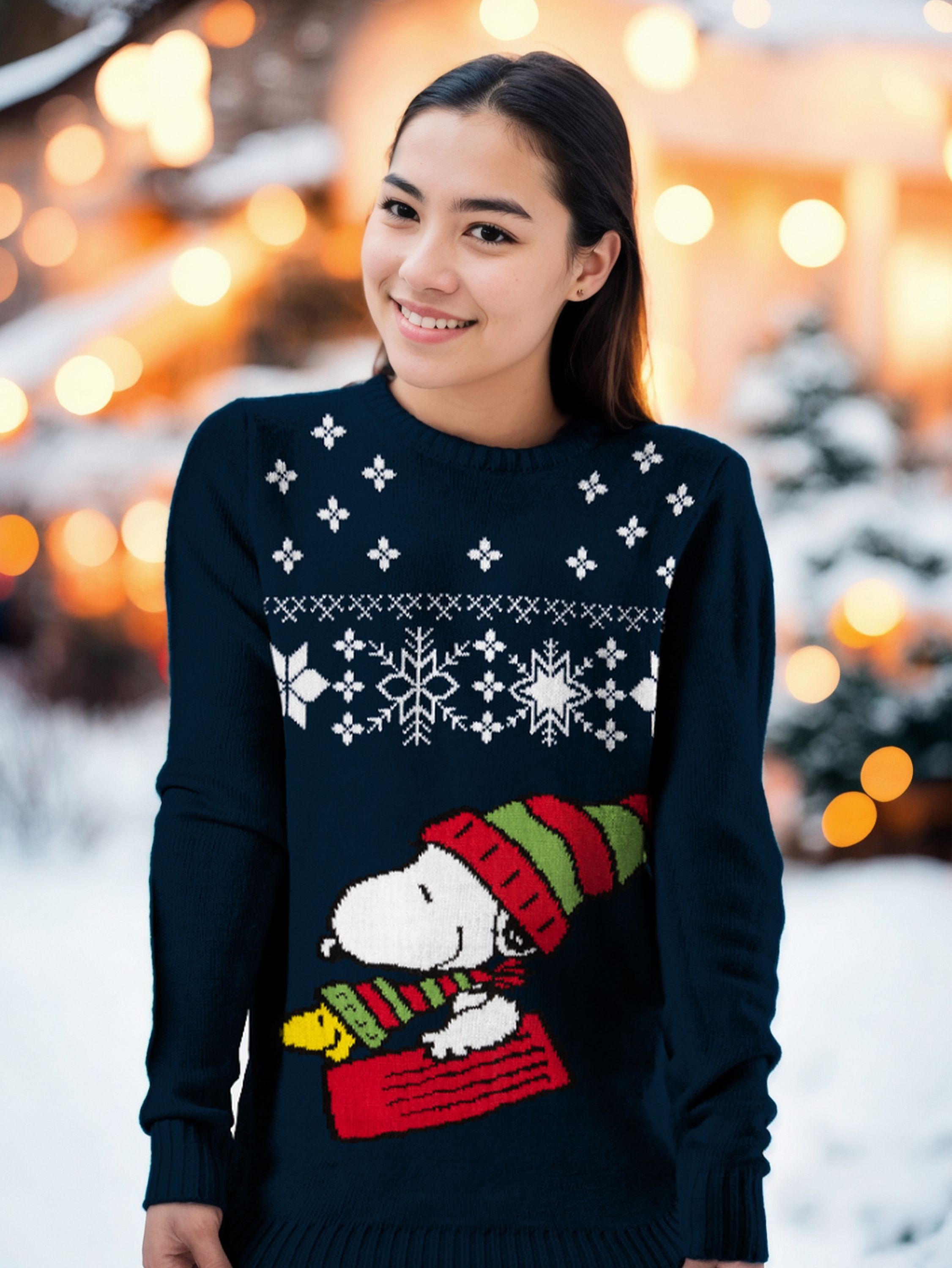The Peanuts Winterpullover Unisex Snoopy Winter Strick Pullover  Sweatshirt Ugly Sweater für Herren Damen Blau