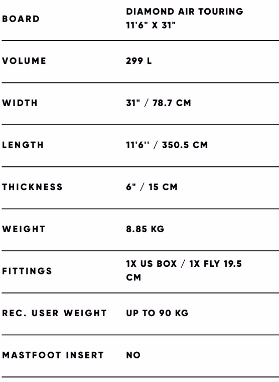 SUP Set Diamond Air Touring Board, Pure Paddel und Leash Fanatic 11'6''