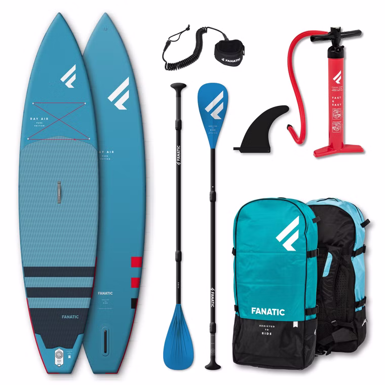 SUP Set Ray Air Board, Pure Paddel und Leash Fanatic 2022 12'6''