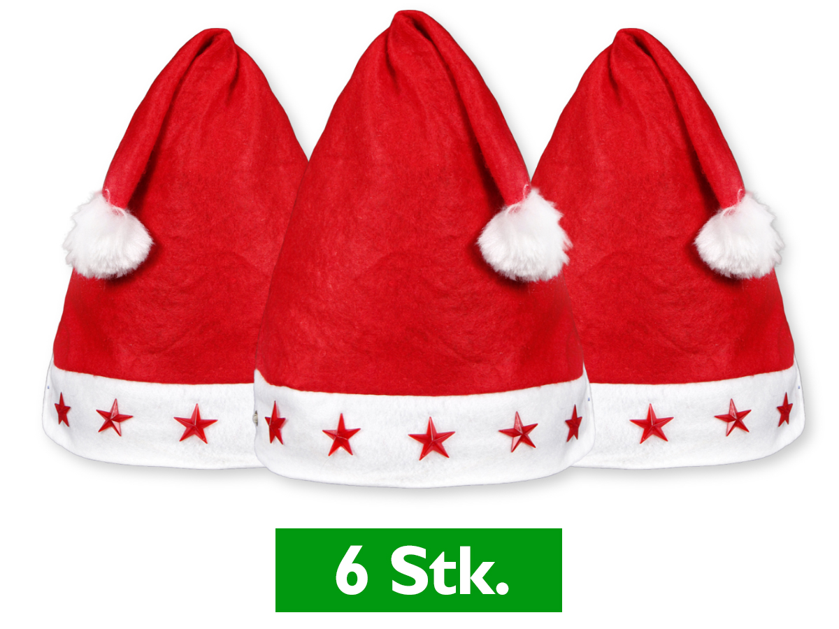 6 Stück Weihnachtsmützen Nikolausmützen Rot mit Leuchtsterne 6 Stück Weihnachtsmützen Nikolausmützen Rot mit Leuchtsterne